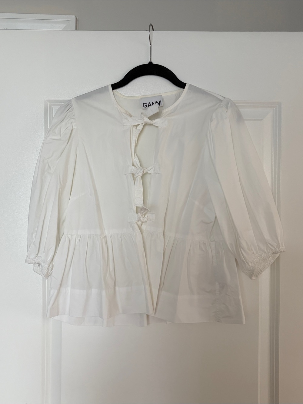 Ganni Cream Tie-Front Peplum Blouse